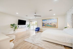 A modern bedroom with a large bed, a flat-screen TV mounted on the wall, and a cityscape painting.