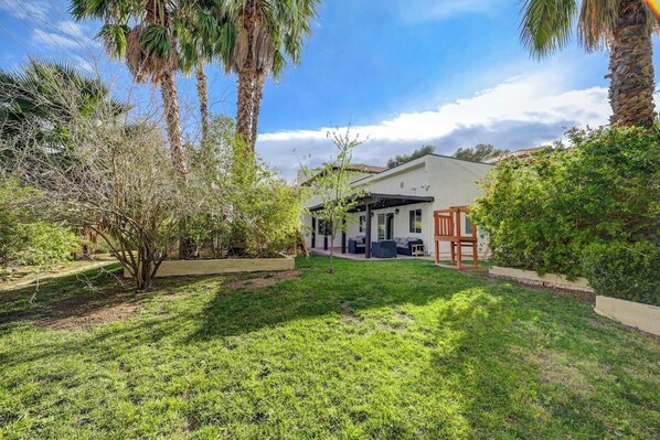 A house with a covered patio, a lawn, and various trees.