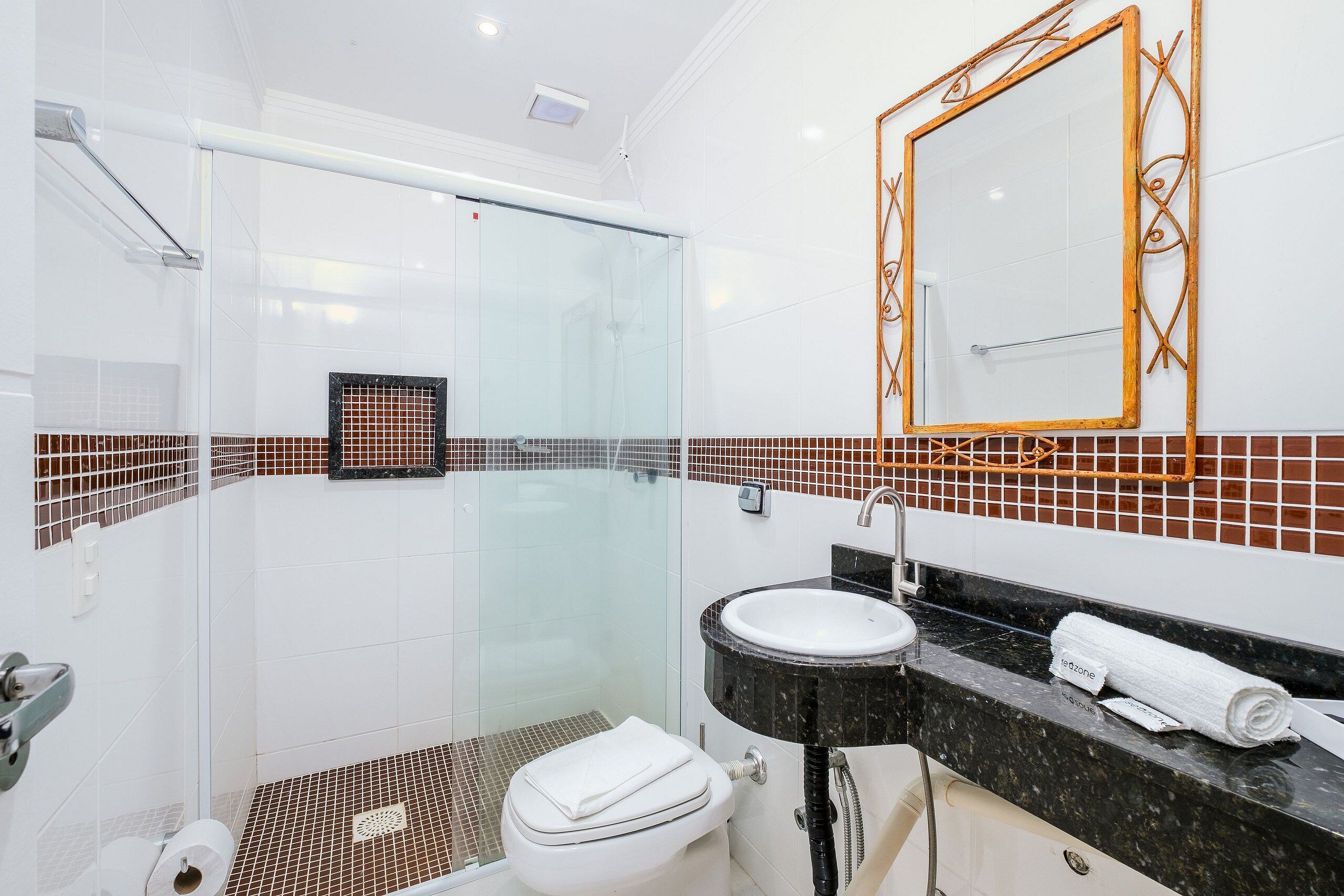 A bathroom with a glass shower enclosure, a white toilet, a black sink with a marble countertop, and a mirror with an ornate frame.