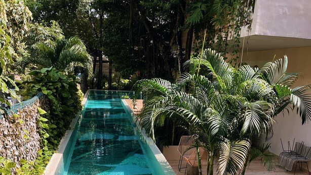 A swimming pool with a mosaic design, surrounded by lush greenery and a seating area. - Casa libre  (Tulum)