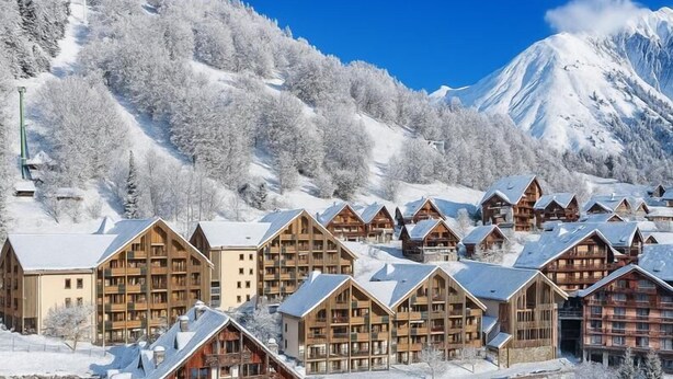 Un complejo turístico en la montaña cubierto de nieve, con cabañas de madera, cielo despejado y un pico nevado al fondo.
