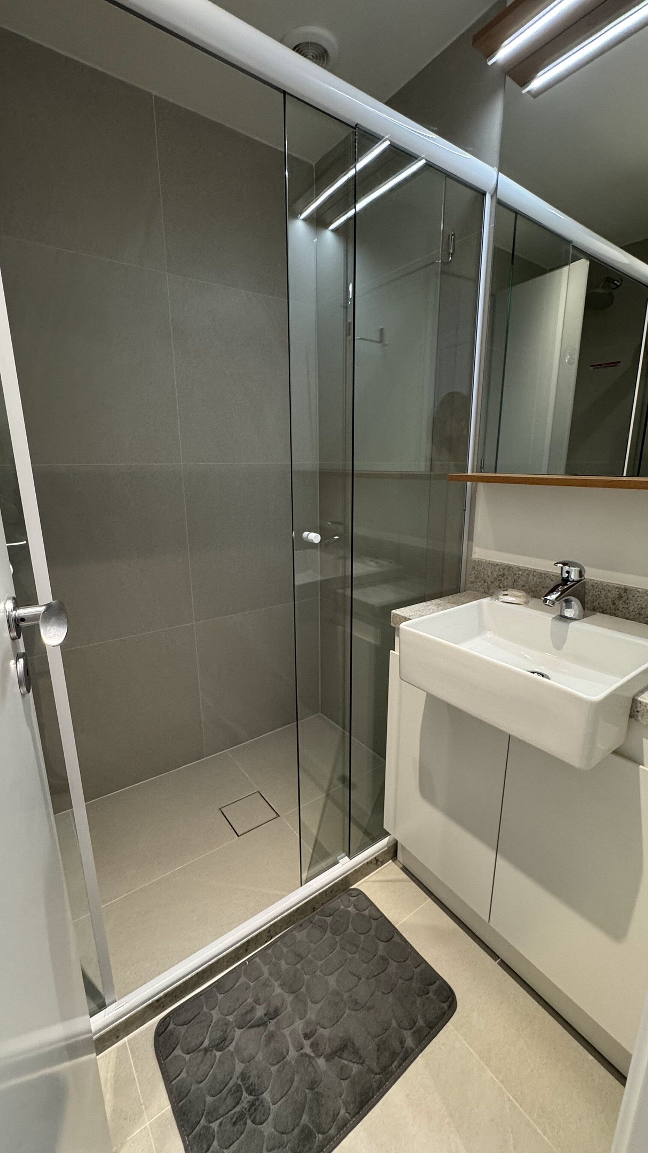 A modern bathroom with a glass shower enclosure, a white sink, and a mirror above the sink.
