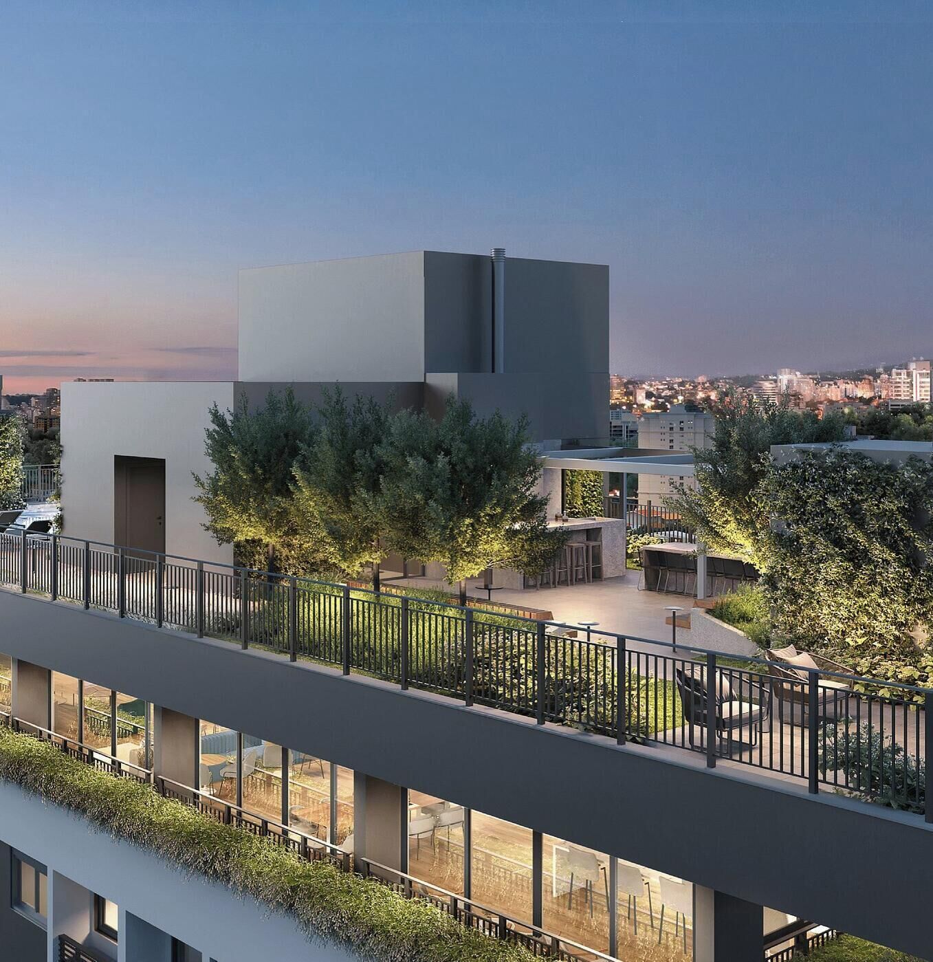 Una azotea de diseño moderno, con techo plano, un pequeño jardín y vistas a la ciudad.
