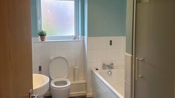 Hair dryer, towels, soap, toilet paper