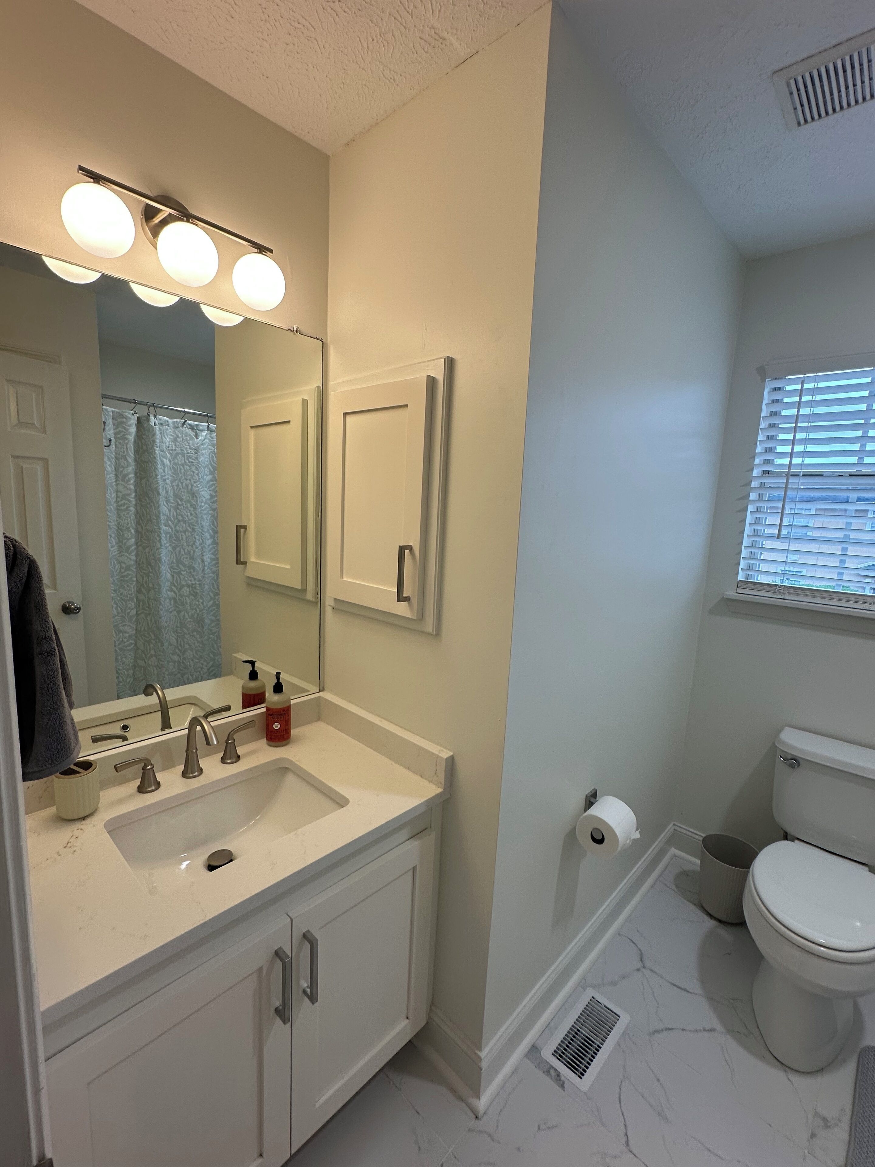 Hair dryer, towels, soap, toilet paper