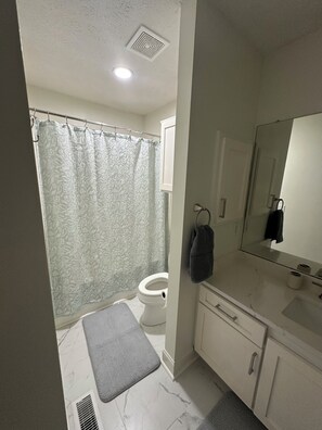 Hair dryer, towels, soap, toilet paper