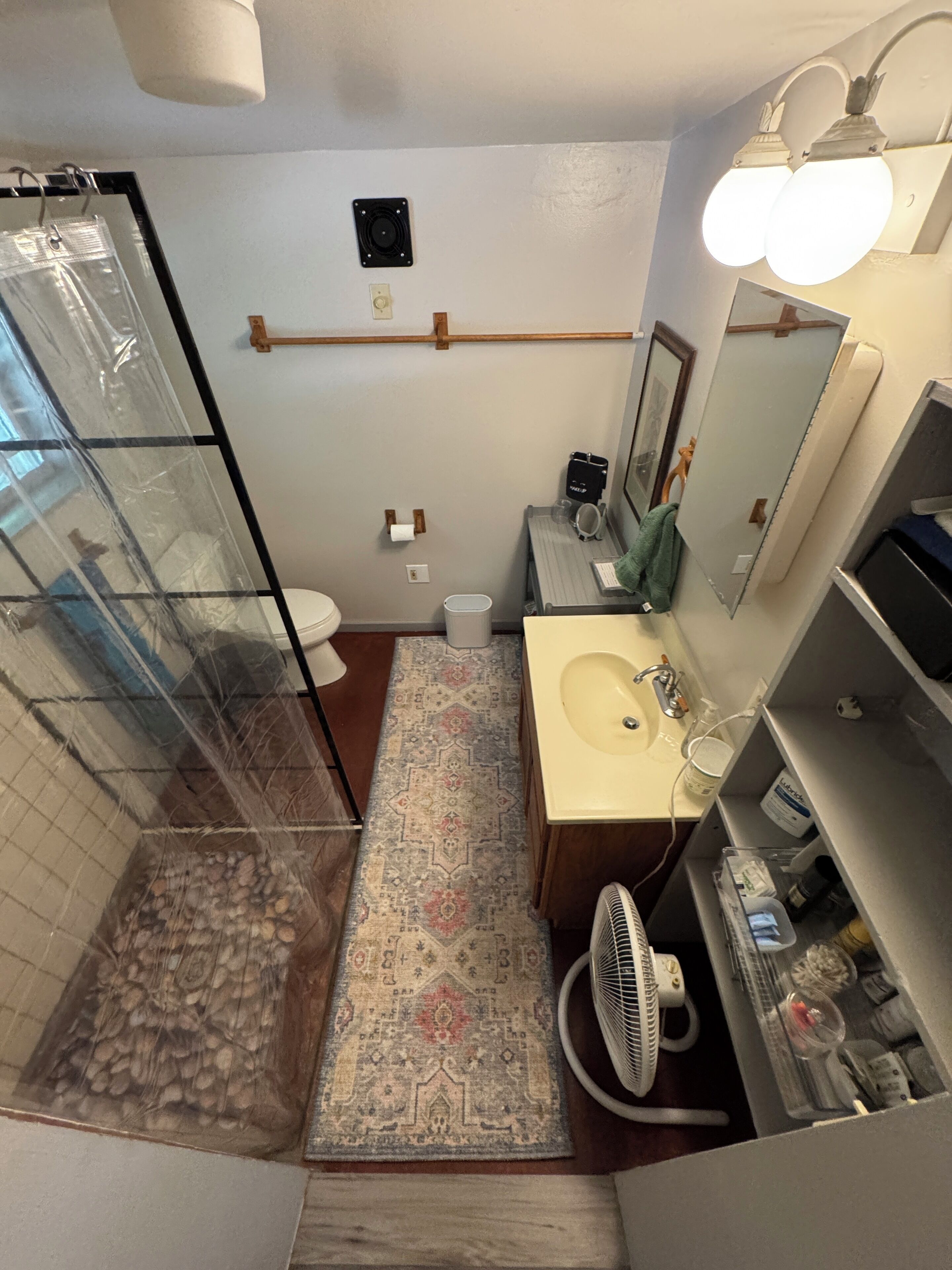 Hair dryer, towels, soap, shampoo