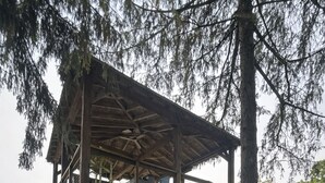 A two-story cabin with a covered deck and a staircase leading to the upper level. - All-Sports Lakefront Retreat w/ Private Beach, Dock & Tiki Bar - Sleeps 10 (Linden)