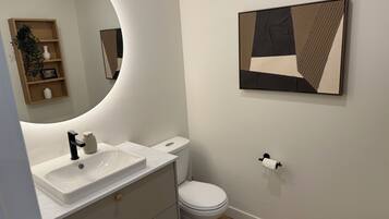 Hair dryer, towels, soap, toilet paper