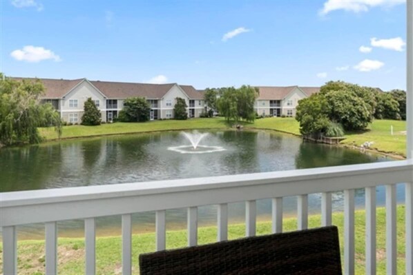 A view of a pond with a fountain, surrounded by a lawn and buildings in the background.