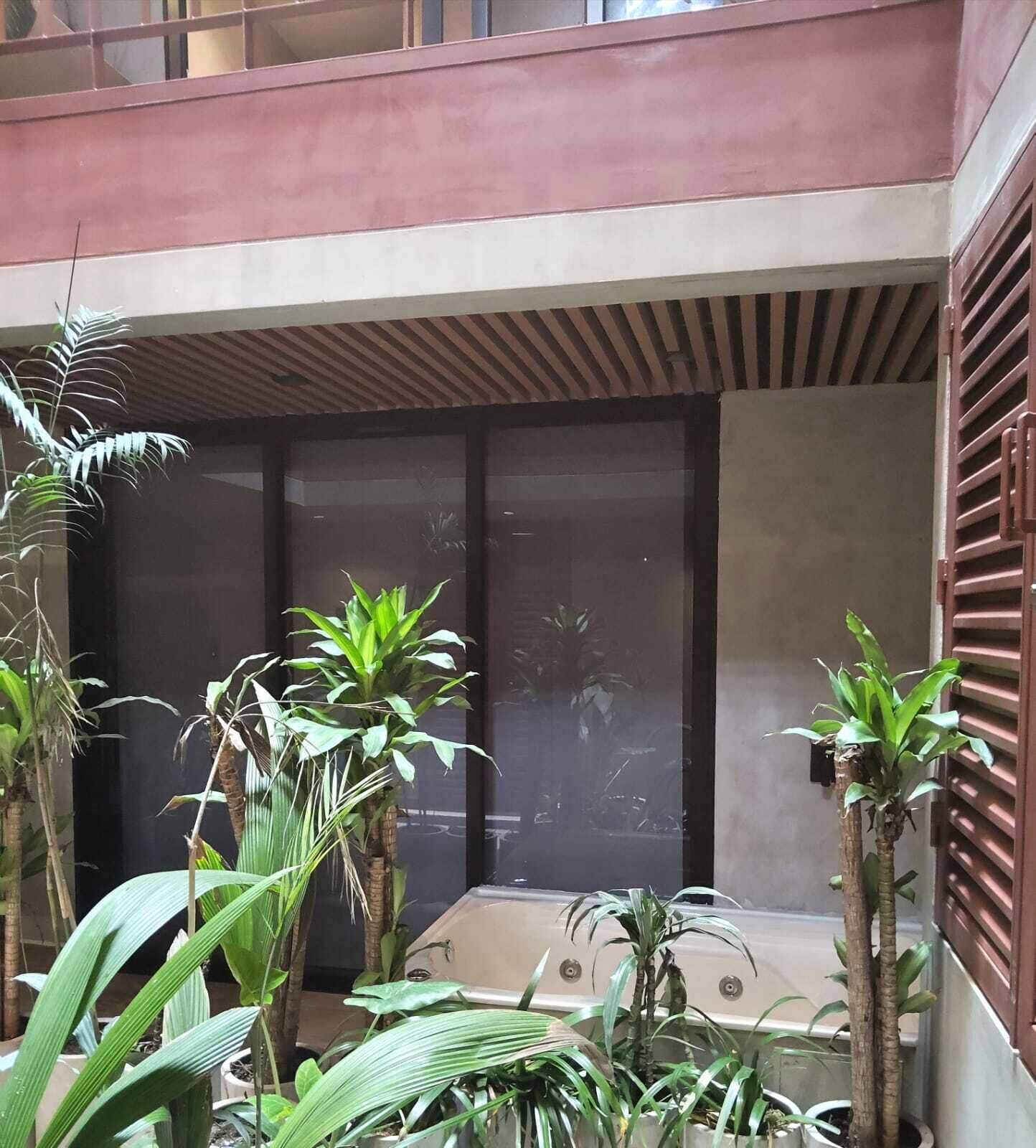 A modern outdoor area with a pool, potted plants, and a wooden ceiling structure.