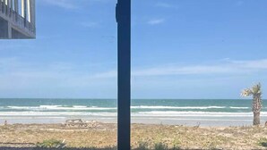 Vista de una playa desde una ventana con dos sillas mirando al océano, una palmera y un cielo despejado.
