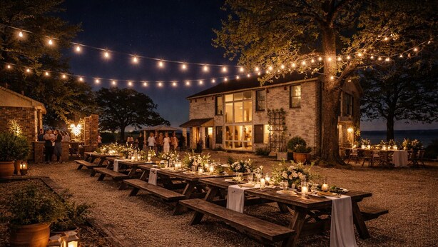 An outdoor dining area with string lights, wooden tables, and benches, set against a stone building with a view of the sea. - Private and Unique 14 acre European Lakefront Villa in Texas! (Hubbard)