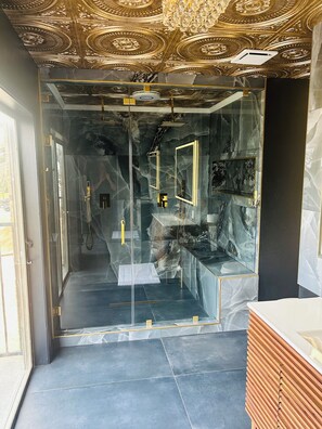 Shower, jetted tub, hair dryer, towels