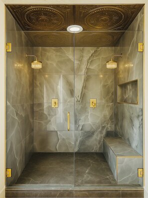 Shower, jetted bath, hair dryer, towels