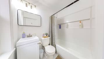 Hair dryer, towels, soap, toilet paper