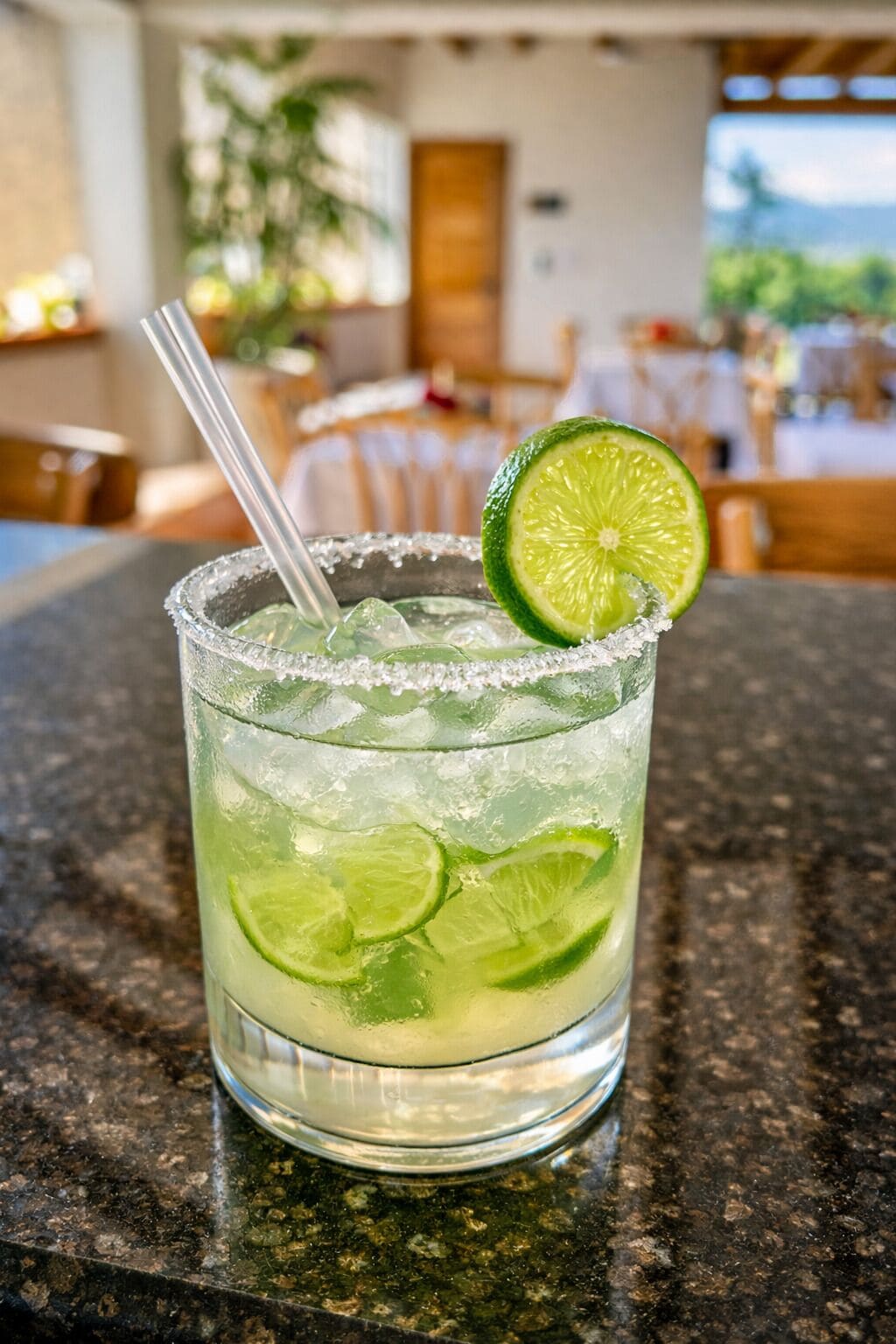 Een glas cocktail op basis van limoen met een zoutrandje, ijsklontjes en schijfjes limoen op een granieten aanrecht.