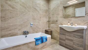 Hair dryer, towels, toilet paper