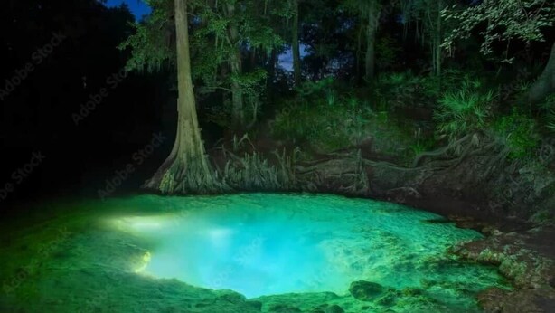 Une piscine naturelle entourée d’une forêt dense.