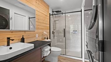 Hair dryer, towels, soap, shampoo