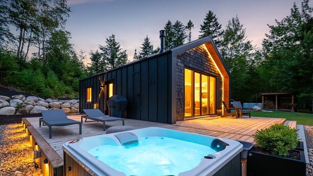 Un área moderna de hidromasaje al aire libre con una terraza de madera, sillas de descanso y un jacuzzi.