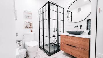 Hair dryer, towels, soap, shampoo