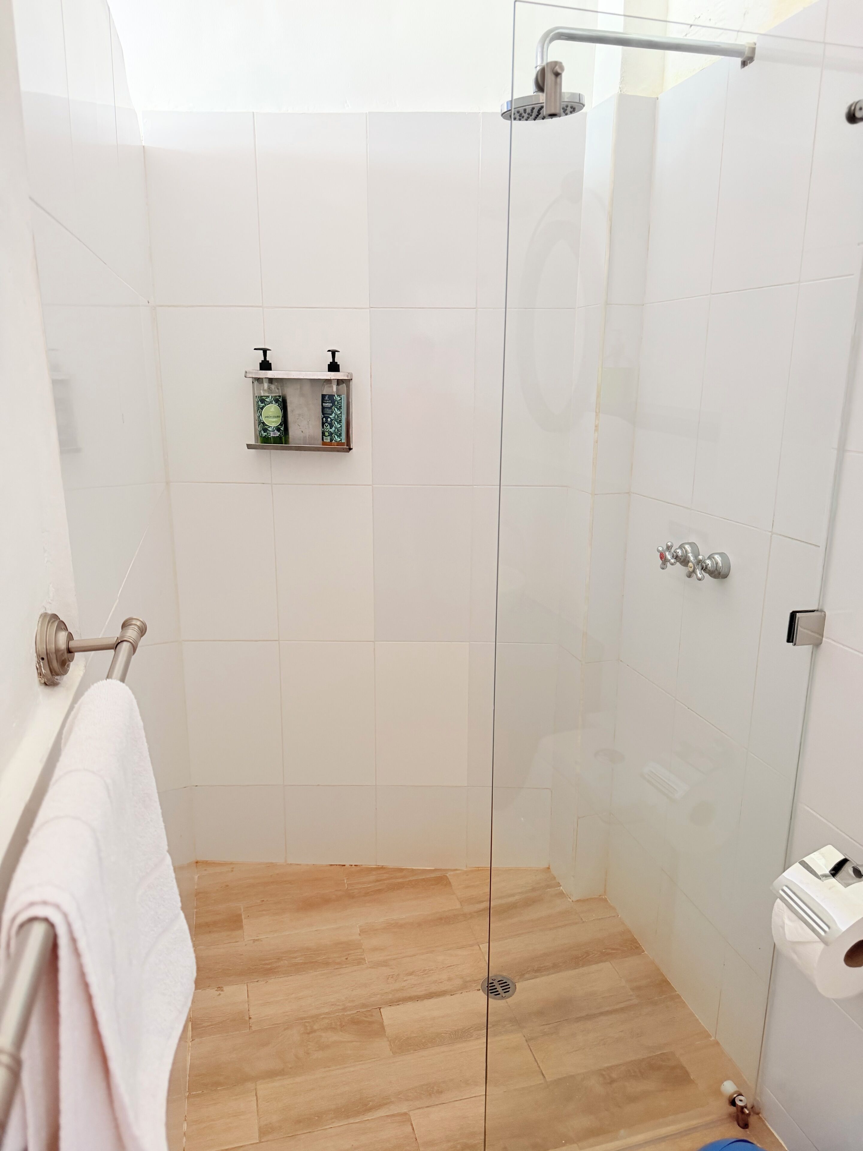 A shower with a glass door, a towel rack, and a shelf with toiletries.