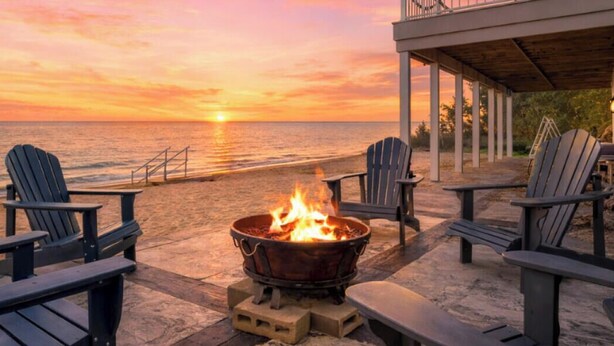 A beachside patio with Adirondack chairs, a fire pit, and a view of the sunset over the ocean. - Luxury Lake Front Home-Private Beach (Caseville)