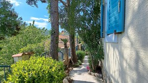 Un étroit sentier bordé d’une végétation luxuriante et un bâtiment aux volets bleus.