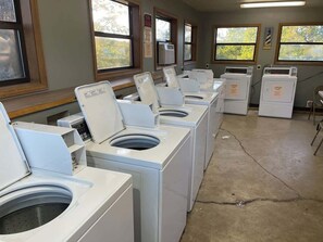 A laundry facility with multiple rows of front-loading washers and dryers, large windows with views of trees, and a concrete floor.