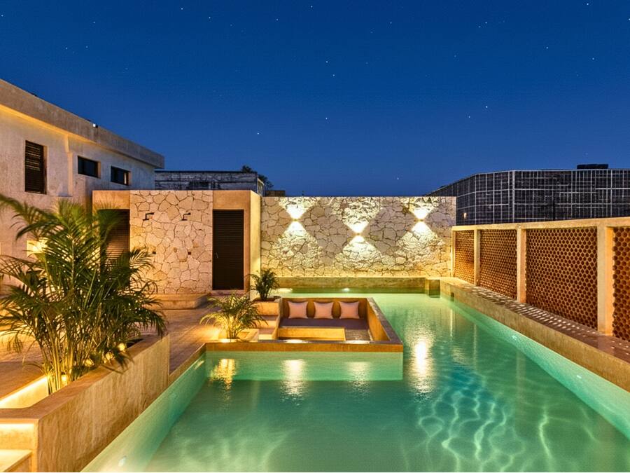 Una piscina al aire libre, sombrillas, sillones reclinables de piscina