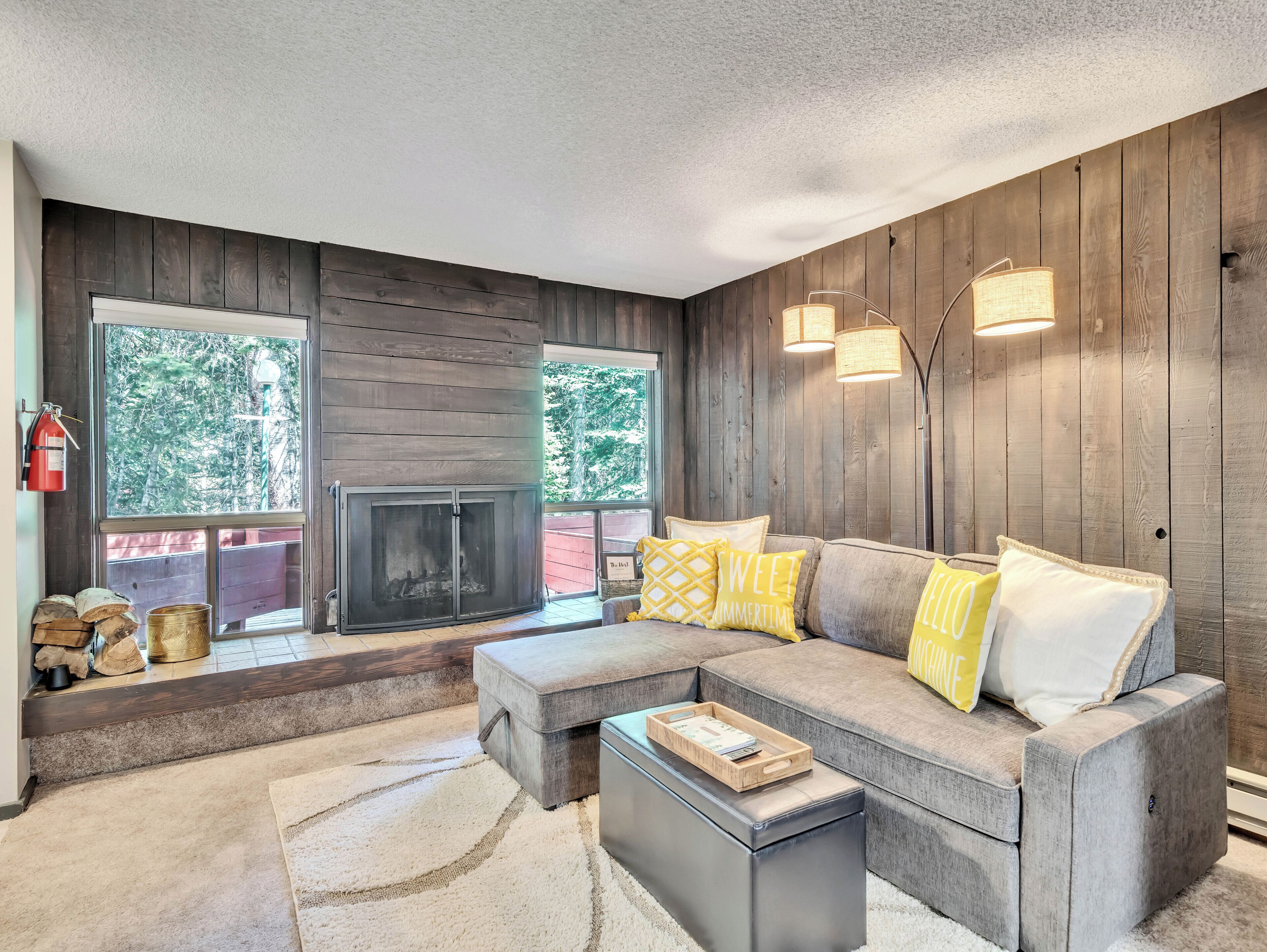 Smart TV, fireplace, books, stereo