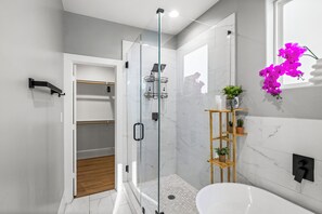 Hair dryer, towels, soap, shampoo