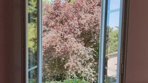 A room with a window overlooking a tree with pink blossoms. - Vors - GAILLAC - Gîte (GAILLAC)
