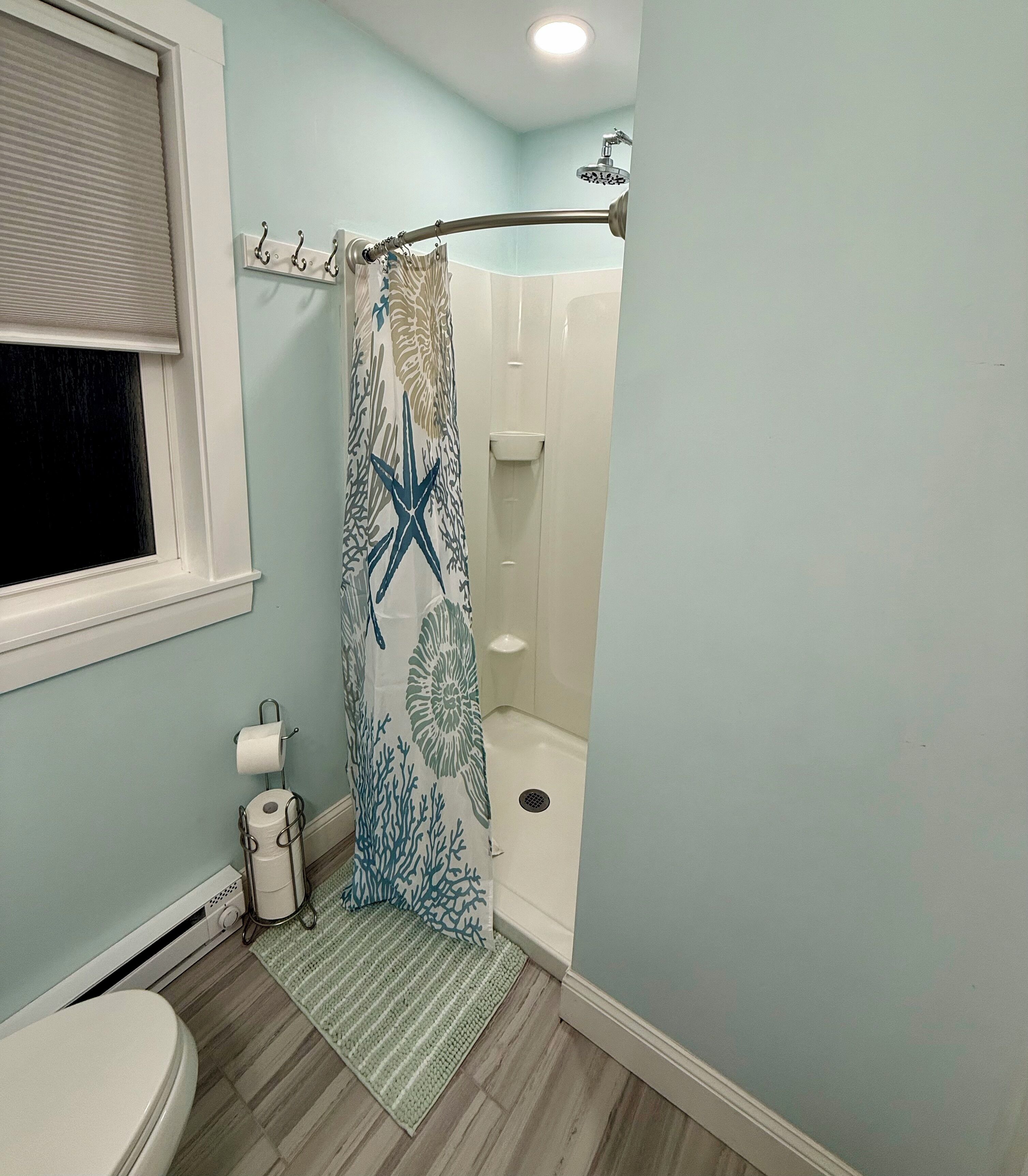 Regadera, secadora de cabello, toallas, jabón 