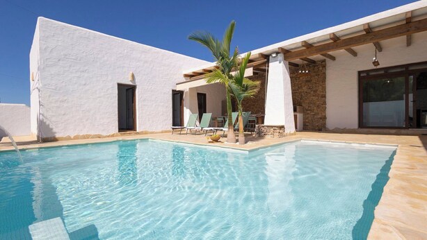 A swimming pool with a white exterior wall, a stone patio, and a covered seating area with chairs and a palm tree.