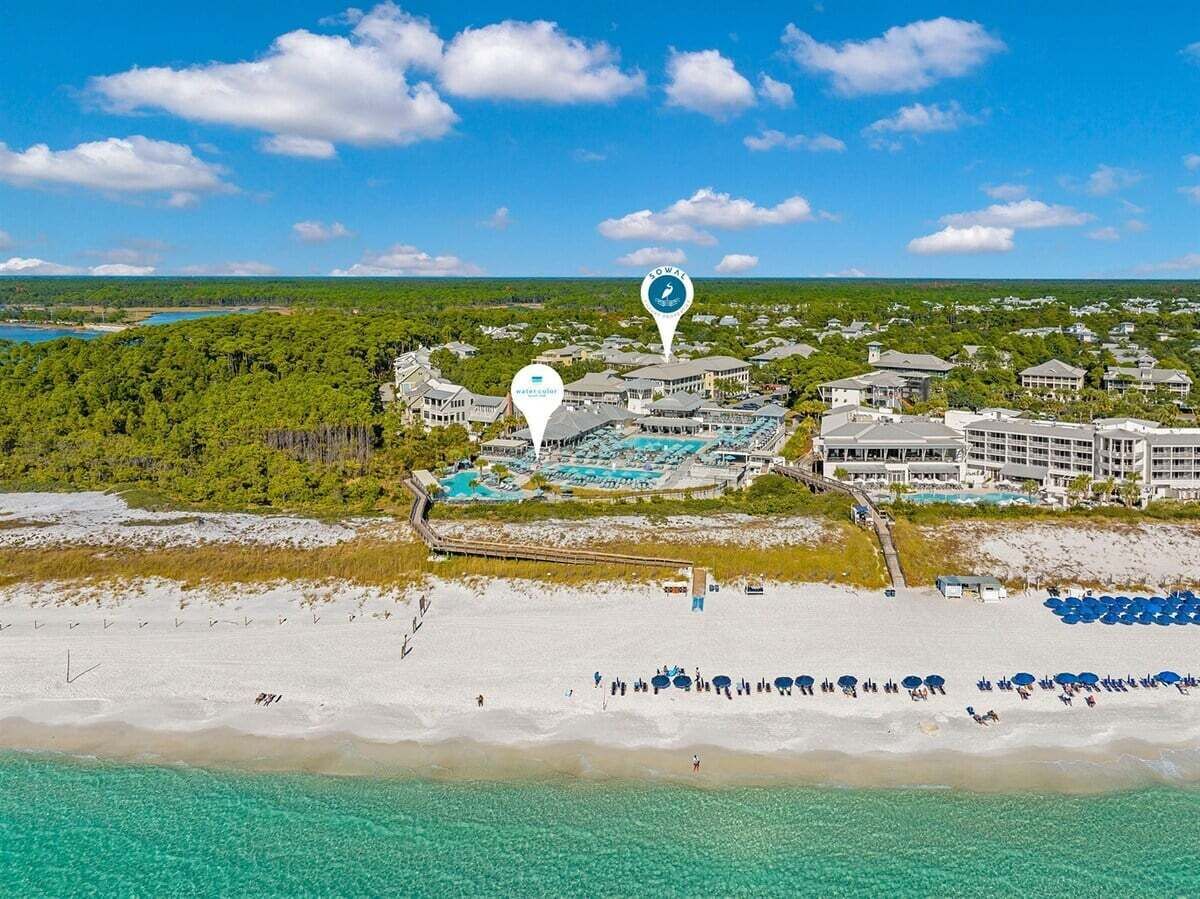 A coastal resort with a beachfront, a swimming pool area, and a dense forest in the background.