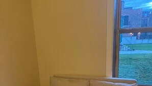 A beige sofa with two pillows and a window with a view of a grassy area and buildings. - Pet friendly 1Bd In Arena District With Event Parking (Detroit)