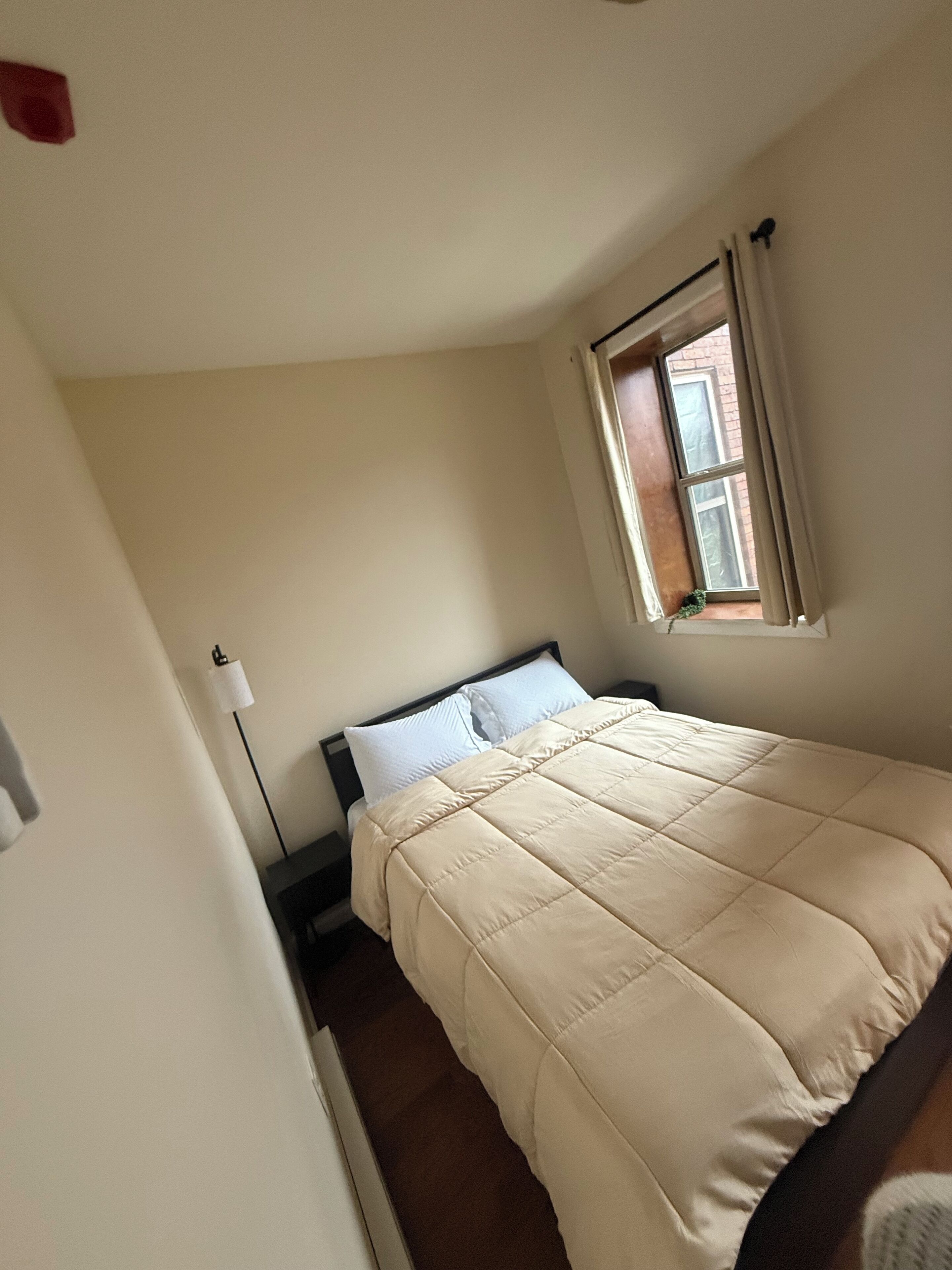 A bedroom with a bed, a window with curtains, a bedside lamp, and a wall socket.