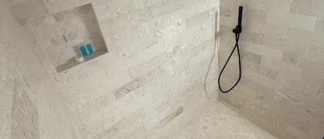 Shower, hair dryer, shampoo