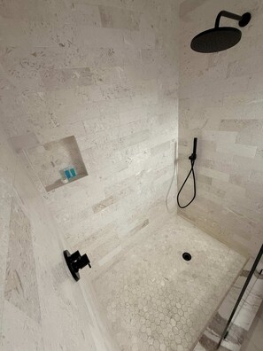 Regadera, secadora de cabello, shampoo 