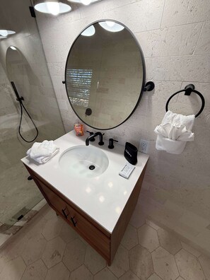 Shower, hair dryer, shampoo