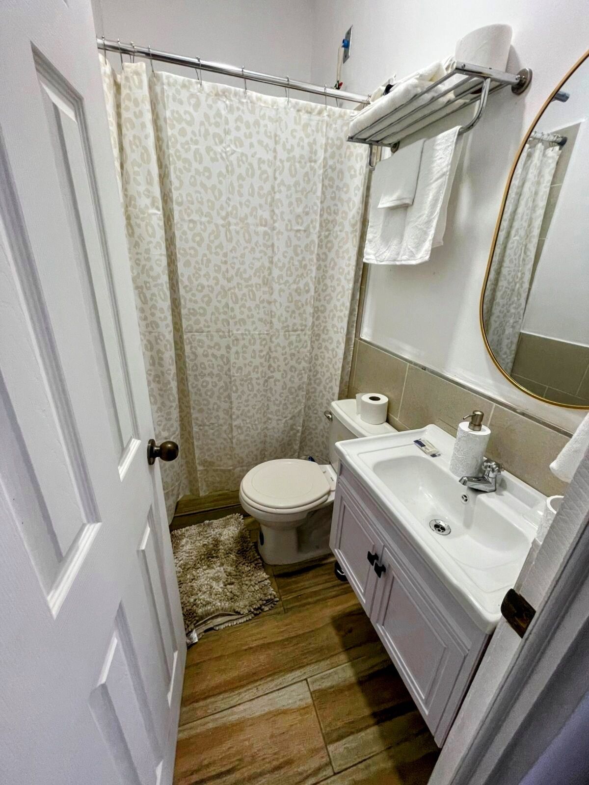 Hair dryer, towels, soap, toilet paper