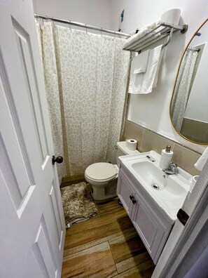 Hair dryer, towels, soap, toilet paper