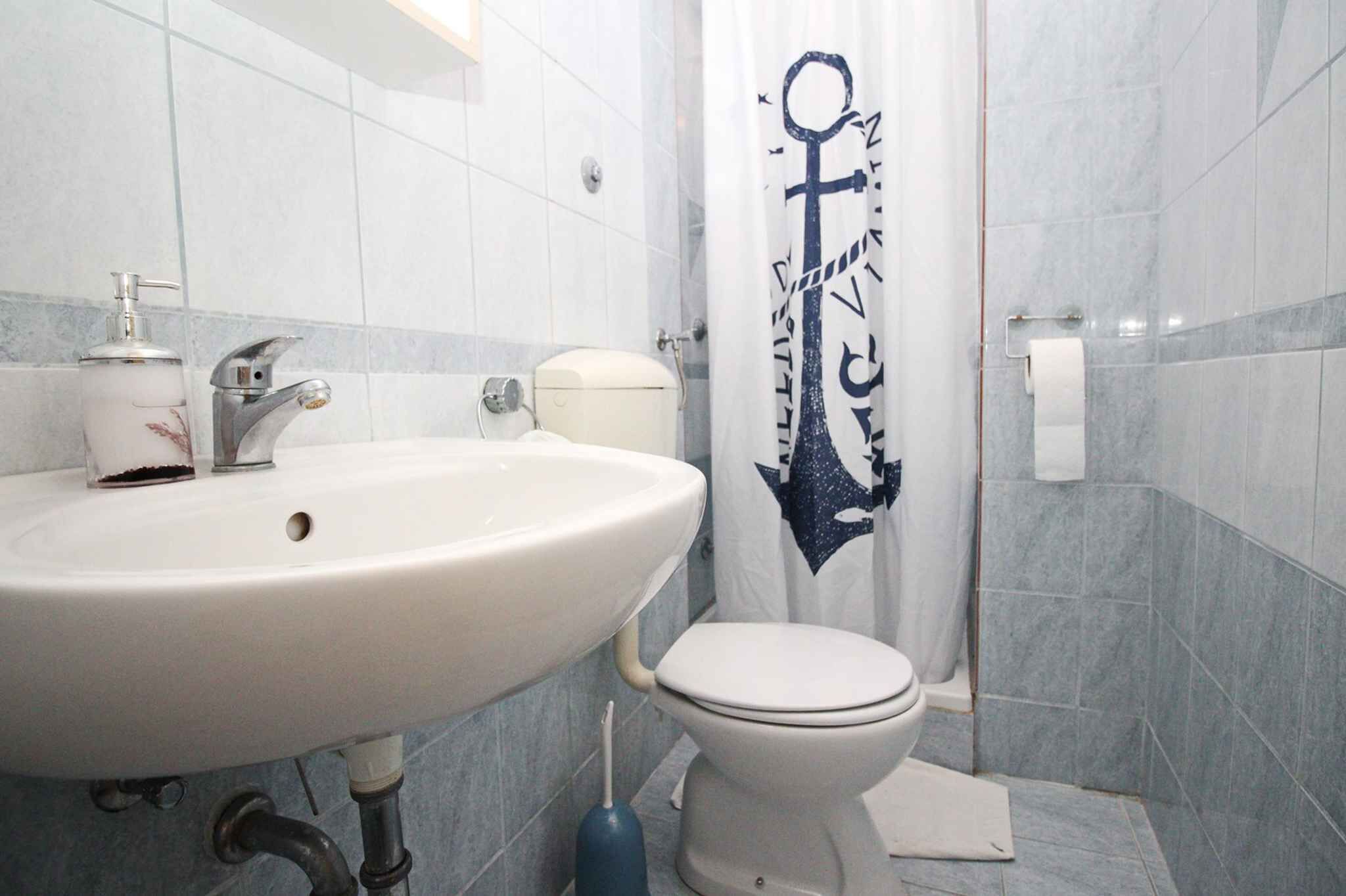 Ein Badezimmer mit einem weißen Waschbecken, einer Toilette und einem Duschvorhang mit Anker-Motiv.