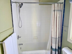 Hair dryer, towels, soap, toilet paper