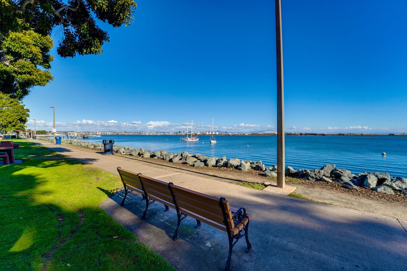 A park bench overlooking a calm waterfront with a clear blue sky.