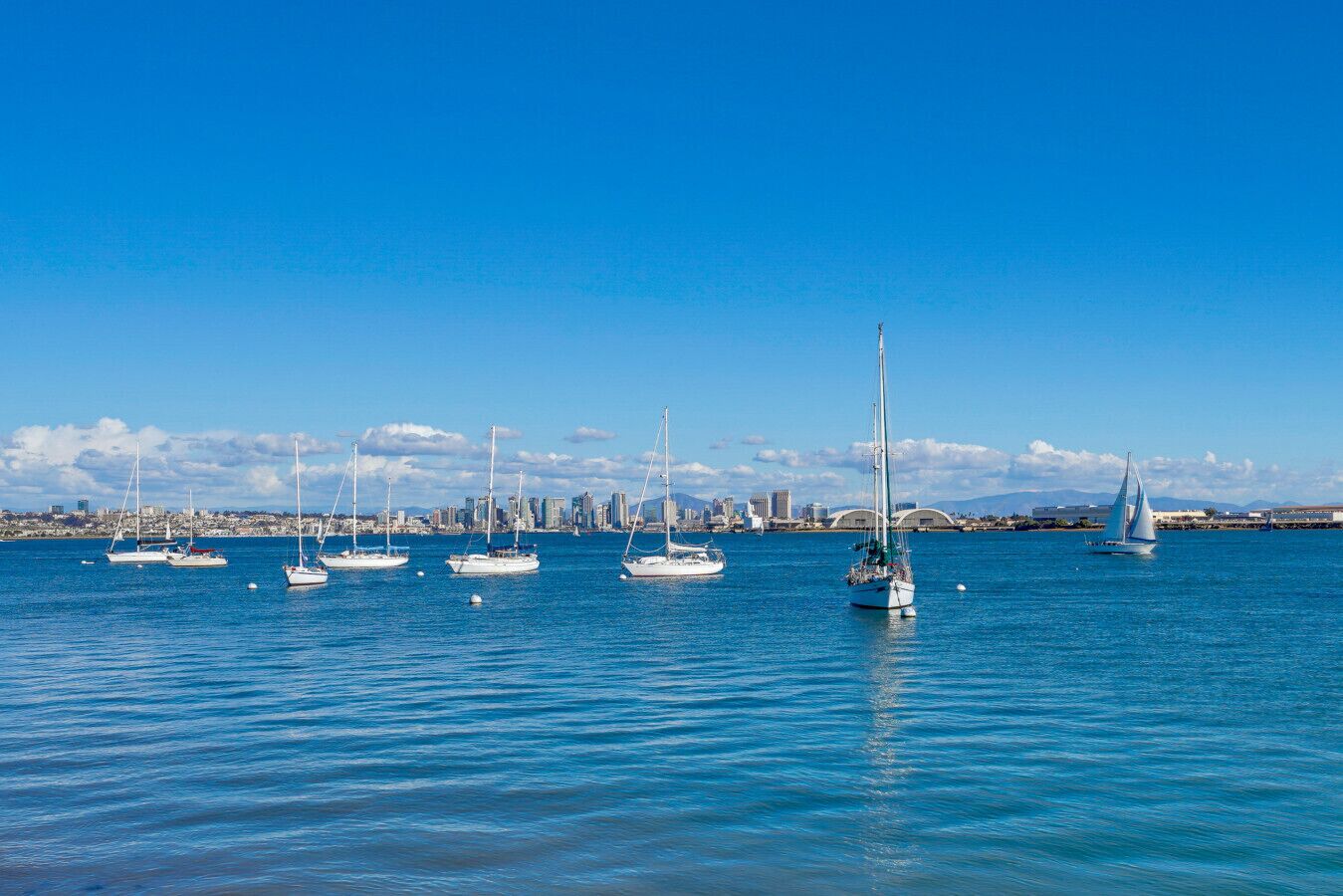 Un puerto deportivo con varios veleros anclados en aguas tranquilas, un horizonte urbano al fondo y un cielo azul despejado.