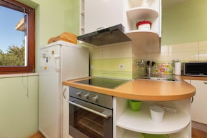 A compact kitchen with a built-in oven, a microwave, and a window. - Villa Maravilla (Kvarner - Jadranovo) (Jadranovo)