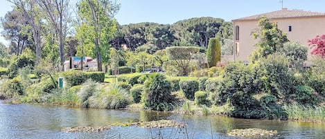 A river with water lilies, lush greenery, and a building with a tiled roof.
